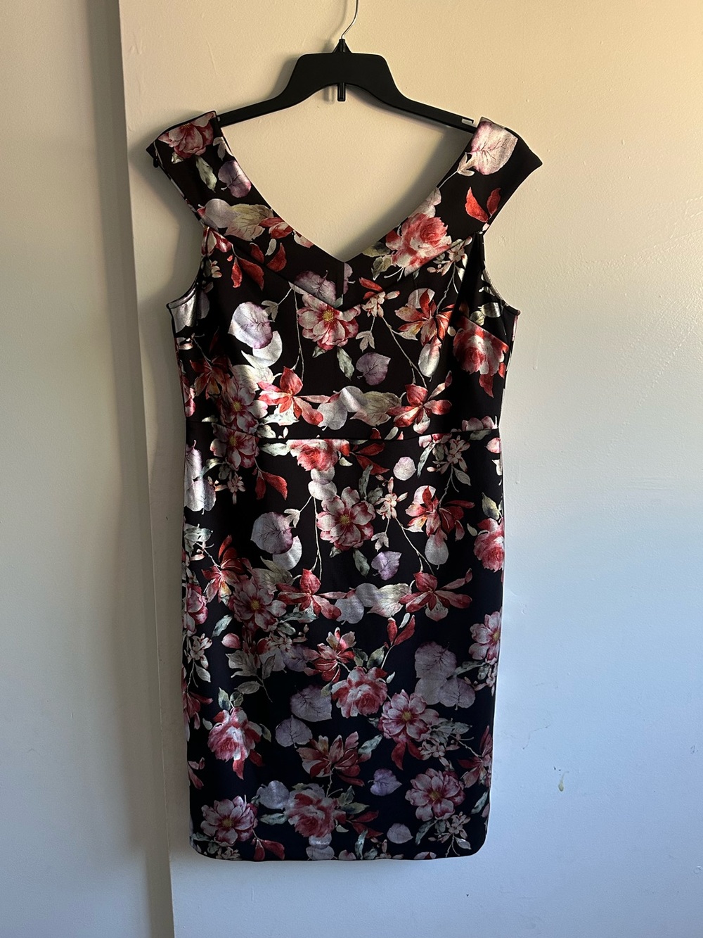 New York & Company Black Midi Sheath Dress with Pink Floral
